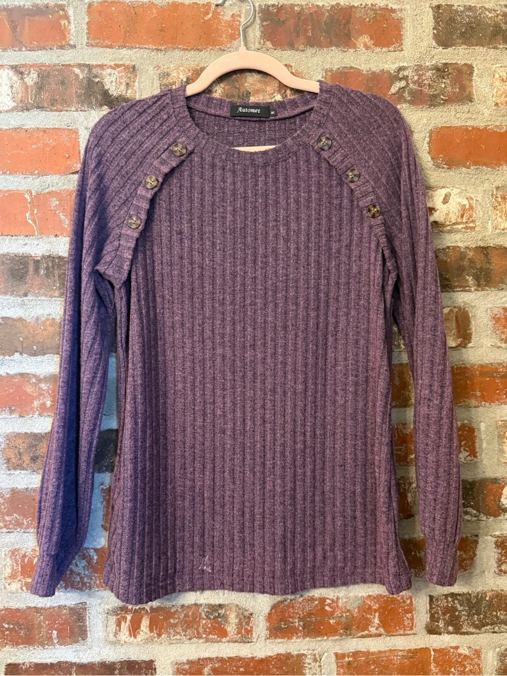 S72 -Ribbed Button-Shoulder Crewneck Sweater — Plum